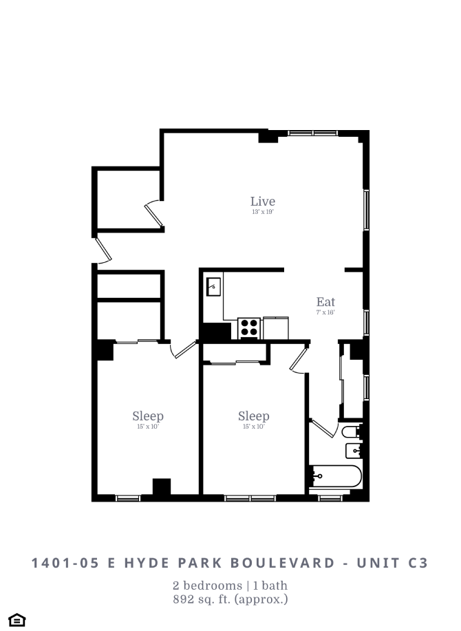 Floor plan for 2 beds, 1 bath, 901 sqft